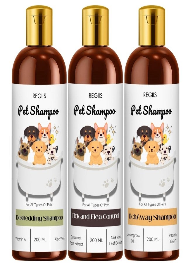 مجموعة شامبو للحيوانات الأليفة، 3 عبوات، لإزالة الشعر الزائد، ومكافحة القراد والبراغيث، وتركيبة مضادة للحكة، 200 مل لكل عبوة، لجميع أنواع الكلاب (3 عبوات) - Image 1